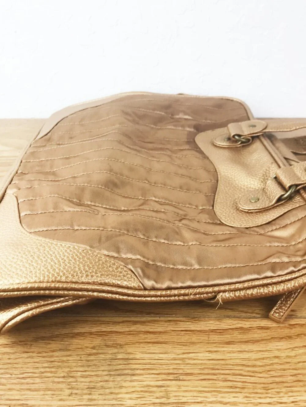 Lancome Metallic Gold Quilted Laptop Tote – Faux Leather Trim & Double Handles